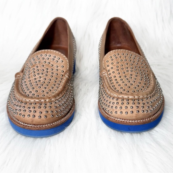 Jeffrey Campbell Tan Leather Silver Studded Blue Sole Slip On Chunky Loafer Flat - Picture 9 of 14